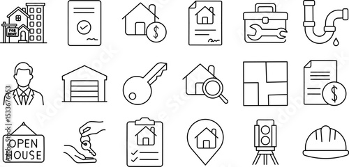 Real Estate Stroke Icon Collection. Including Property, Home, Rent, Sale, Inspection, and Construction Tools. Editable Outline Vector Icon Set.