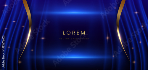 Blue curtain background. Golden confetti banner and ribbon background. Celebration grand openning party happy concept.