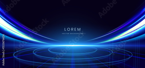 Futuristic scene glowing blue rays with blue neon lights circles on dark blue background.