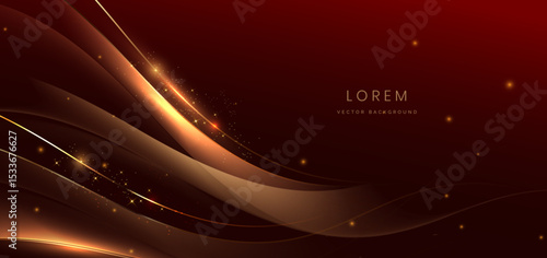 Gold wave lines on dark red background with lighting effect sparkle. Luxury template celebration award design.