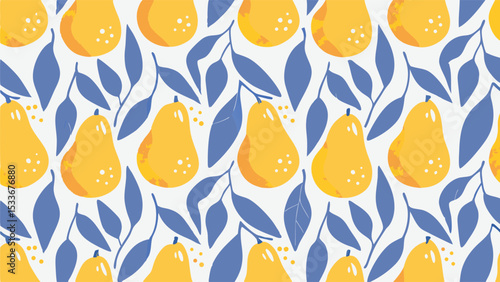 Seamless repeat pattern of yellow pears and blue leaves on a white background surface design repeat art