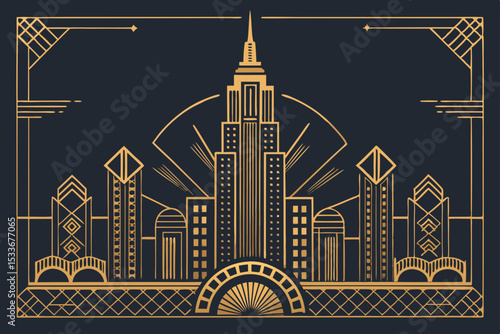 Create a sophisticated vector layout in the Art Deco style, featuring geometric patterns and gold accents.  Elegant and luxurious feel is essential.