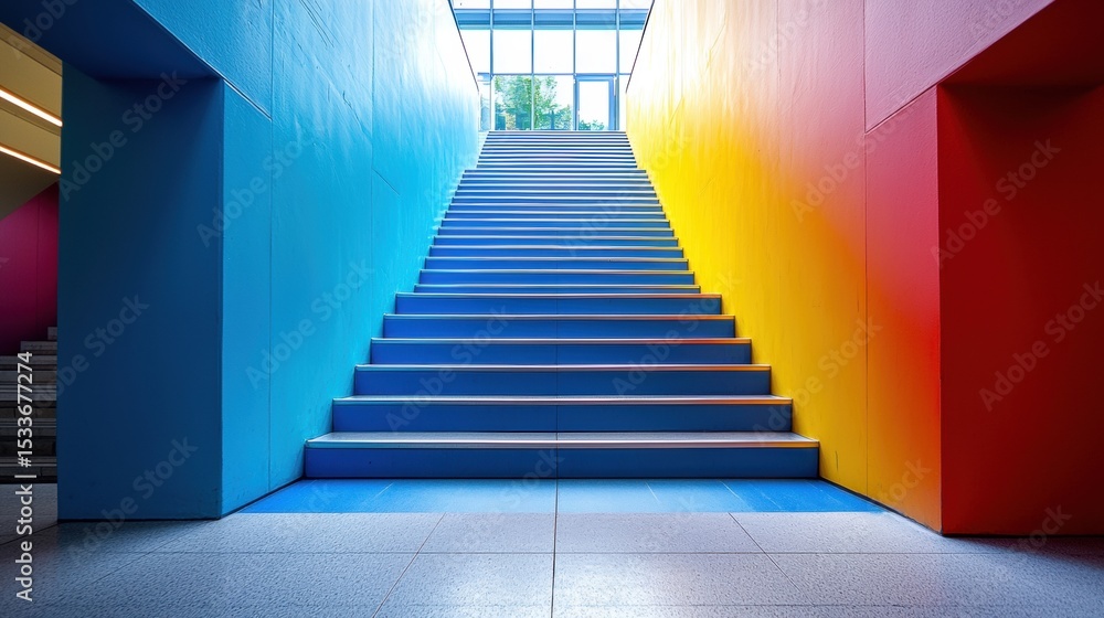 Fototapeta premium Brightly Lit Blue Staircase in Colorful Architectural Setting with Gradient Hues and Geometric Design Accents