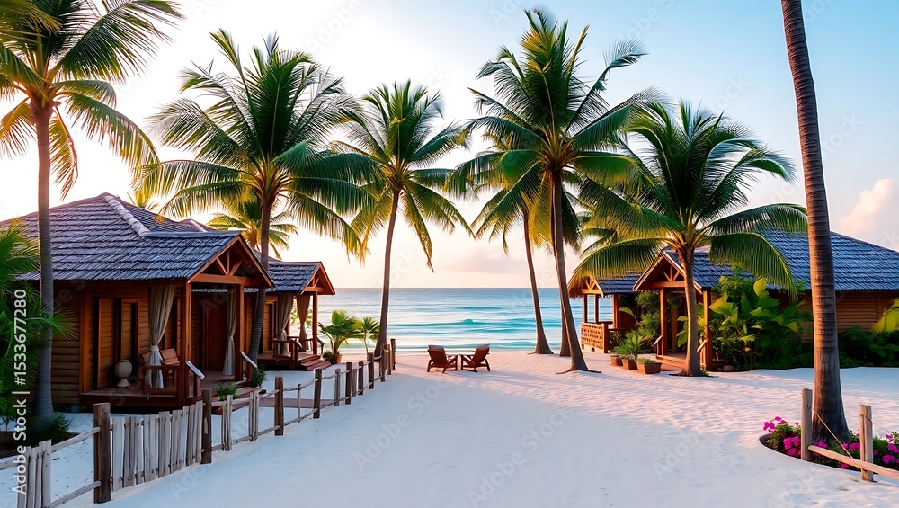 Fototapeta premium Tropical beachfront cabanas at sunrise