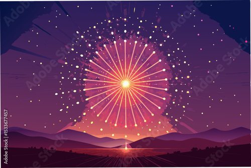 Generate a vibrant image of a modern particle burst radiating outwards, featuring a rich, deep color palette.  Emphasis on radial symmetry and high-resolution detail.
