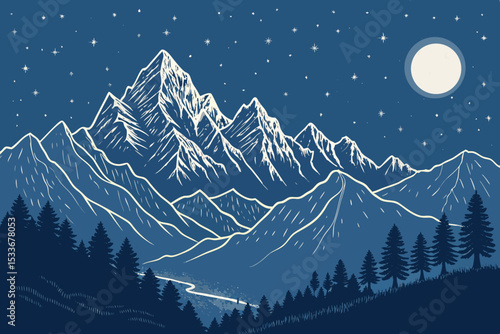 Create a vector illustration of a moonlit mountain range, with a glowing effect emanating from the peaks.  Focus on detail and atmospheric perspective.