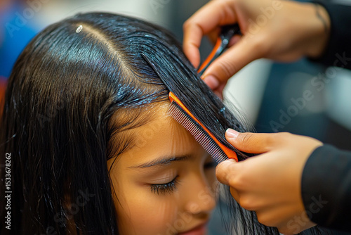 Hands of a hairdresser combing the hair of a young woman parted in sections at the barbershop 
