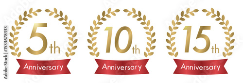 5周年・10周年・15周年・20周年・25周年・30周年のアニバーサリーロゴ(anniversarry logo エンブレム 月桂樹 お祝い ベクター 編集可能 金 gold 赤リボン)	
