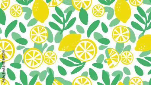 Seamless pattern featuring lemons, lemon slices, and green leaves scattered on a white background design