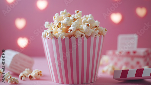 Colorful popcorn in a striped cup surrounded by pink decorations at a festive gathering 
