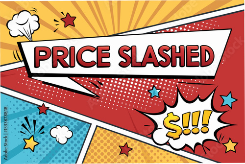 Design a vibrant comic-style vector banner announcing a price slash sale, incorporating bold lettering and a 'B' initial.  Include dynamic visual elements.