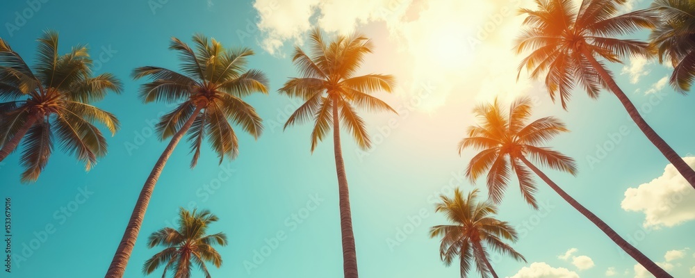 Fototapeta premium Low angle shot of palm trees reaching towards blue sky, sun shining. Tropical scene conveys vacation vibes, travel, nature, summer, holidays. Coconut trees growing on beach paradise island. Peaceful