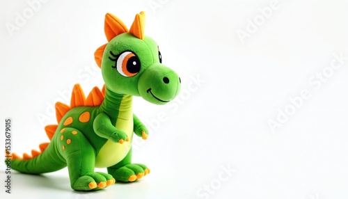 Fototapeta Naklejka Na Ścianę i Meble -  Adorable green dinosaur plush toy isolated on white background. Smiling cartoon toy has orange spikes and details. Cuddly soft toy for kids. Playful, fun, vibrant colors.