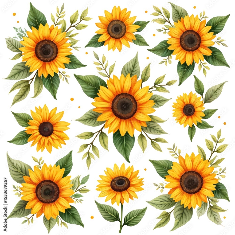 Watercolor illustration bouquets of vibrant yellow sunflowers with green leaves. Perfect for invitations, greeting cards, wedding designs, event decorations. Bright floral illustration for Watercolor illustration bouquets of vibrant yellow sunflowers with green leaves. Perfect for invitations, greeting cards, wedding designs, event decorations. Bright floral illustration for