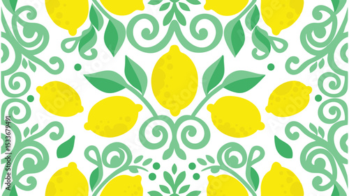 Illustration of a pattern with lemons and green swirls on a white background design repeat art