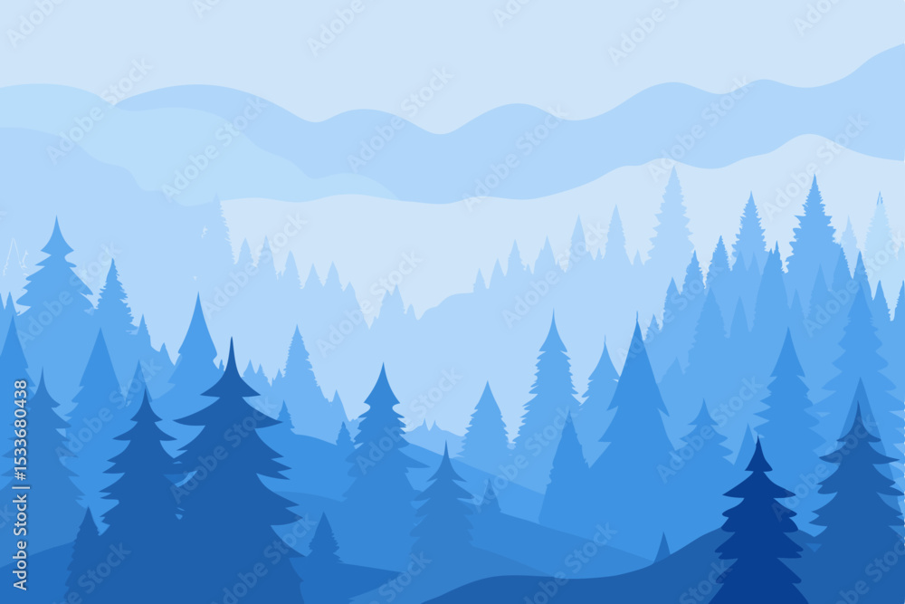Fototapeta premium Misty Blue Mountains A Serene Winter Landscape of Evergreen Trees