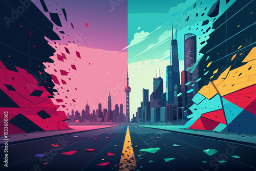 Create a vibrant, abstract background featuring a tech glitch aesthetic with distorted pixels, digital noise, and a broken screen effect.  Emphasize vibrant color distortion.