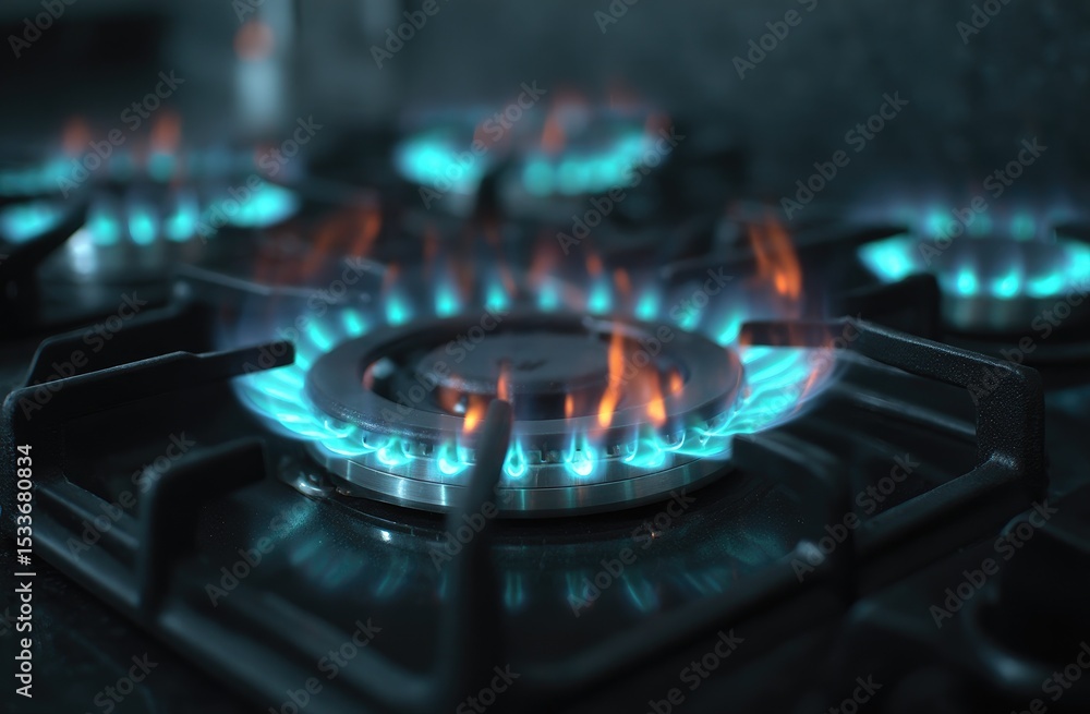 Close-up of gas stovetop burners with vibrant blue and orange flames ignited, showcasing intense heat Close-up of gas stovetop burners with vibrant blue and orange flames ignited, showcasing intense heat