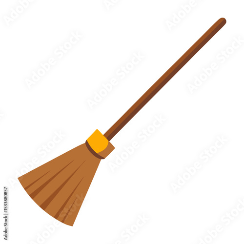 a traditional broom with brown bristles tied together with a yellow band, attached to a long brown wooden handle.