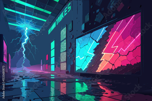 Create a vibrant, abstract background in a tech glitch style, featuring distorted pixels, data streams, and a broken screen effect.  Emphasize vibrant color distortions.