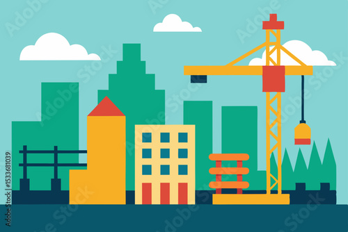 Construction Site Cityscape Urban Development and Crane Illustration