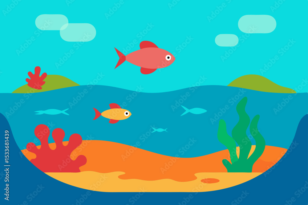 Naklejka premium Vibrant Underwater Scene Colorful Fish and Coral Reef Illustration