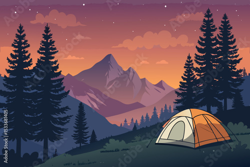 Create a vibrant vector illustration of a camping scene featuring a tent pitched near majestic mountains under a starry night sky.  Include realistic details.