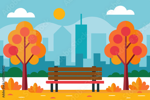 Autumn City Park Bench Peaceful Urban Fall Scene Illustration