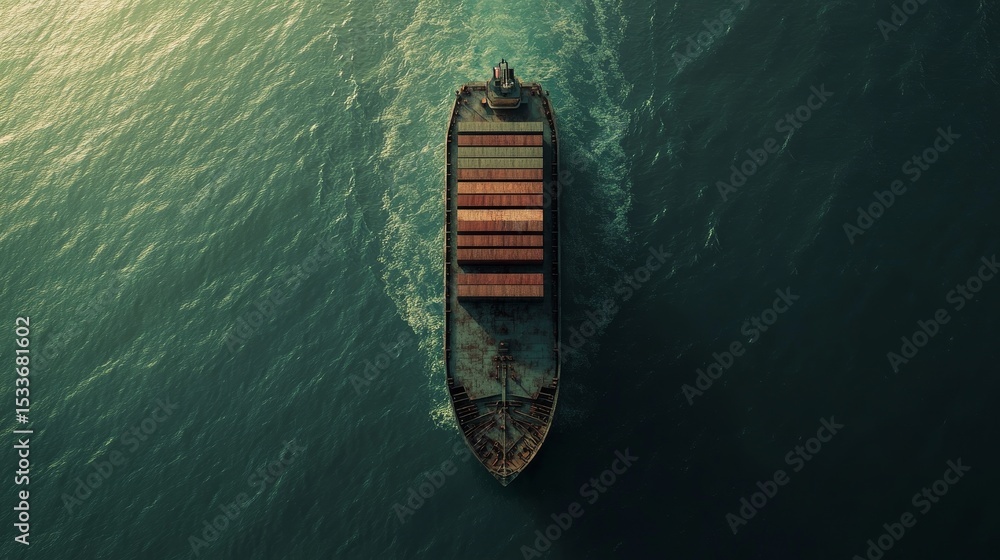 Photorealistic representation of a container ship shown in a bird's eye view on the great ocean - Photorealistic representation of a container ship shown in a bird's eye view on the great ocean -