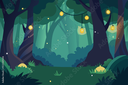 Enchanted Forest at Night Magical Illustration of Glowing Lights and Firefly Spectacle