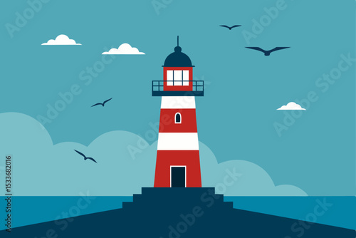 A white and red lighthouse stands tall on the rugged coast, a beacon of safety against the vast sea and sky