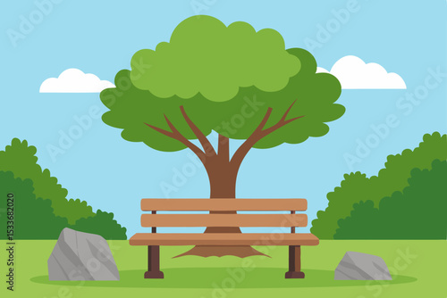 A vibrant summer landscape with a lone bench nestled under a green tree, surrounded by a field of grass and colorful flowers under a bright, cloudy sky