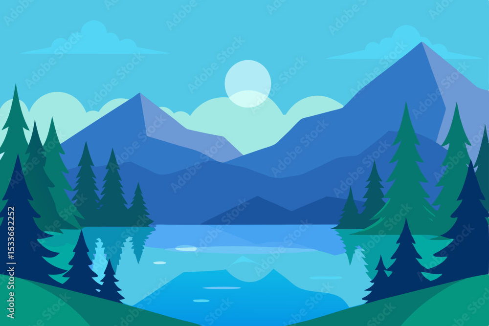 Fototapeta premium Panoramic view of a serene mountain landscape with snow-capped peaks, a tranquil lake, and a lush pine forest under a vast sky