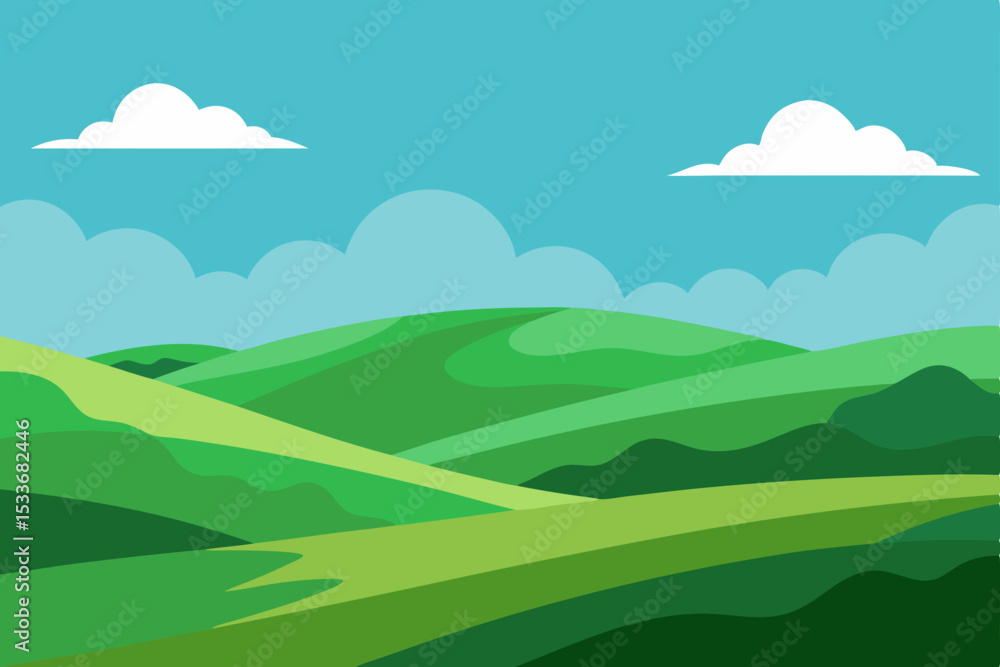 Fototapeta premium Vibrant summer landscape vector illustration of mountains under a blue sky with green meadows and distant forests