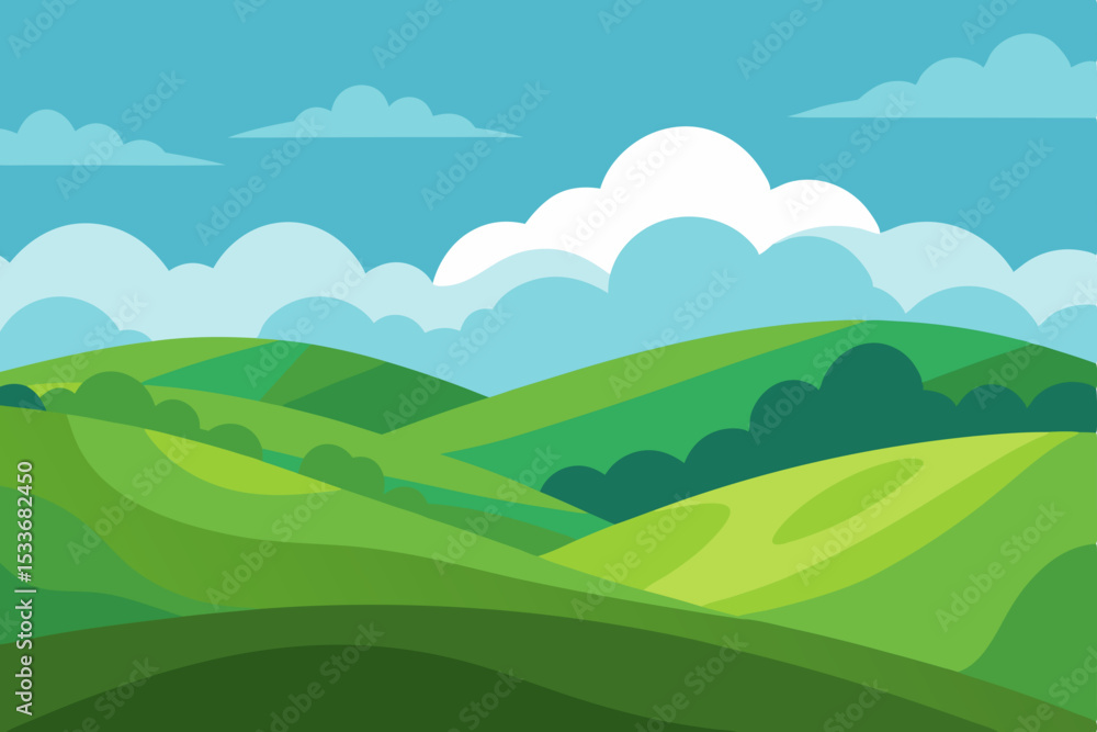 Mountain landscape with green fields, trees, and sky with clouds Mountain landscape with green fields, trees, and sky with clouds