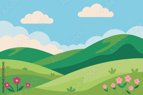 Summer landscape with green mountains, blue sky, and clouds