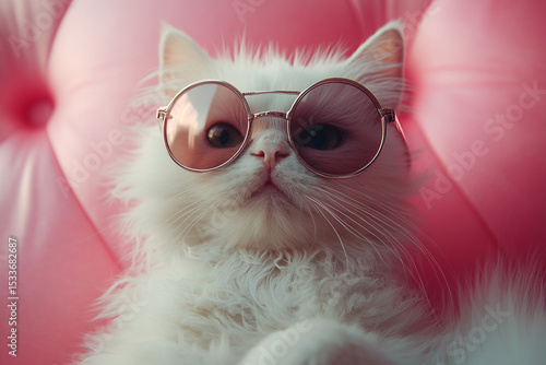 Fashionable Feline Closeup of Fluffy White Cat Wearing Stylish Sunglasses 
