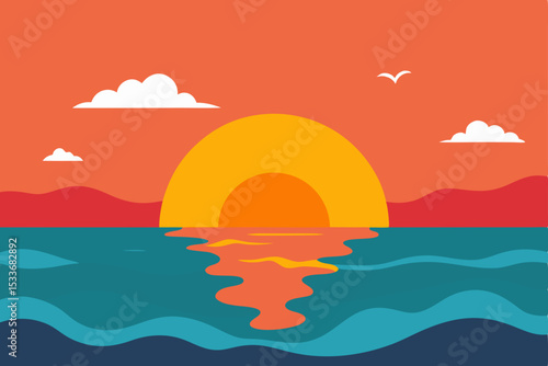 A vibrant vector illustration of a summer sunset over the ocean, with the sun dipping below the horizon and a lone palm tree silhouetted against the colorful sky and gentle waves