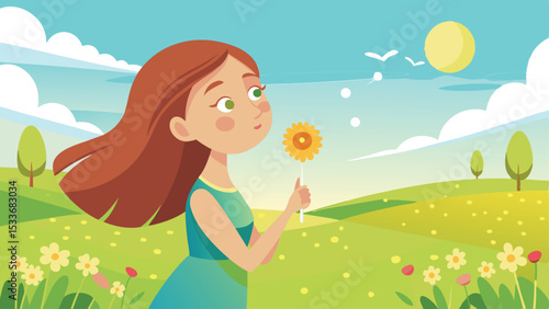 Young girl holding a flower in a sunny meadow with birds and clouds
