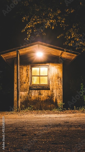 A small, rustic wooden shed illuminated by a single light above its window at night, casting a warm glow against the dark surroundings