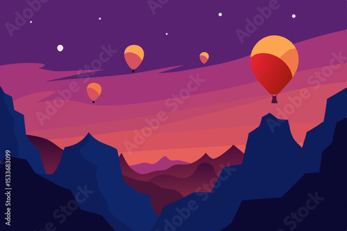 Red hot air balloons ascend into the sunset sky over a mountain landscape