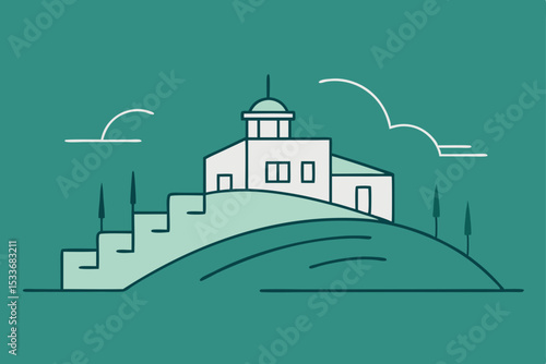 Vector illustration of an old Russian Orthodox church with a towering dome, set against a summer sky