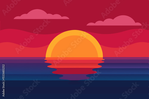 Beautiful sundown reflection over the ocean horizon with colorful clouds