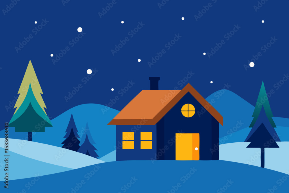 Fototapeta premium Cozy Winter Night A Peaceful Cabin in a Snowy Landscape