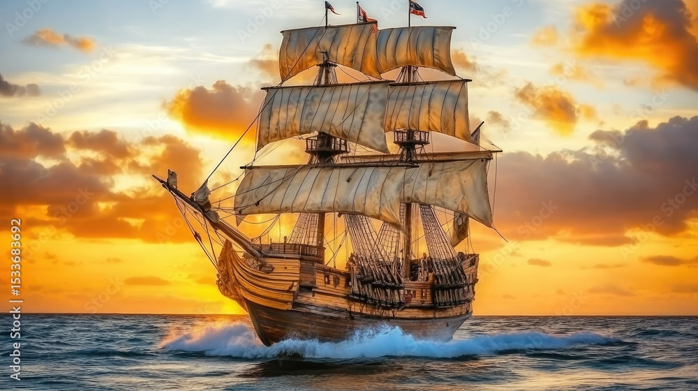 Obraz premium A majestic, three-masted sailing ship cuts through ocean waves at sunset, its sails billowing against a fiery sky