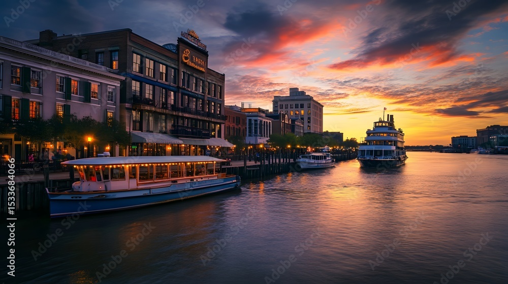 Fototapeta premium Savannah Riverfront with historic buildings and boats