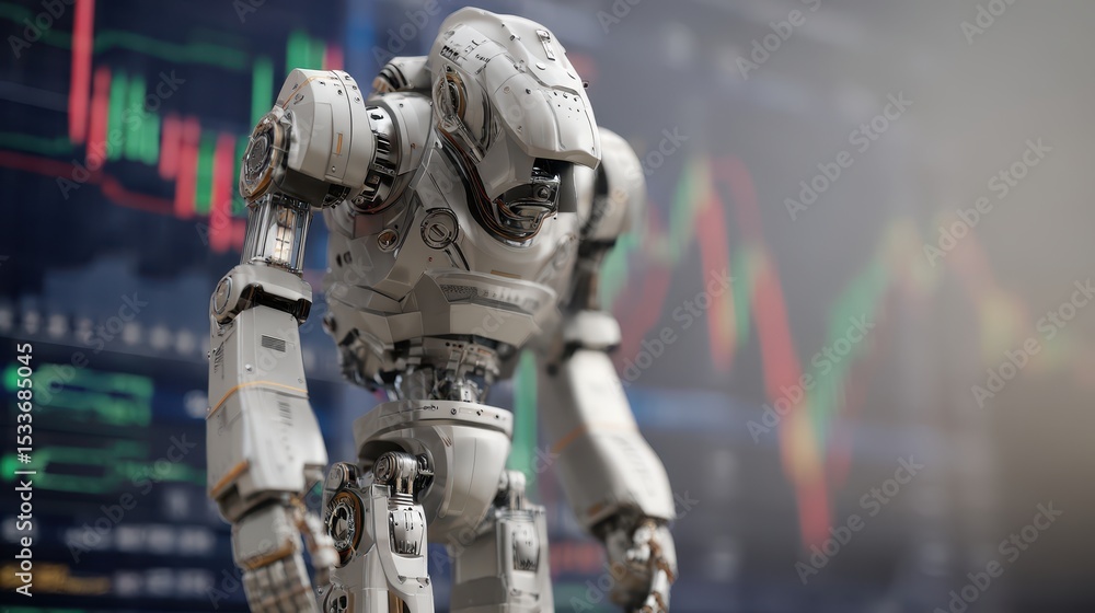 Naklejka premium Futuristic Robot Trader AI in Stock Market Trading