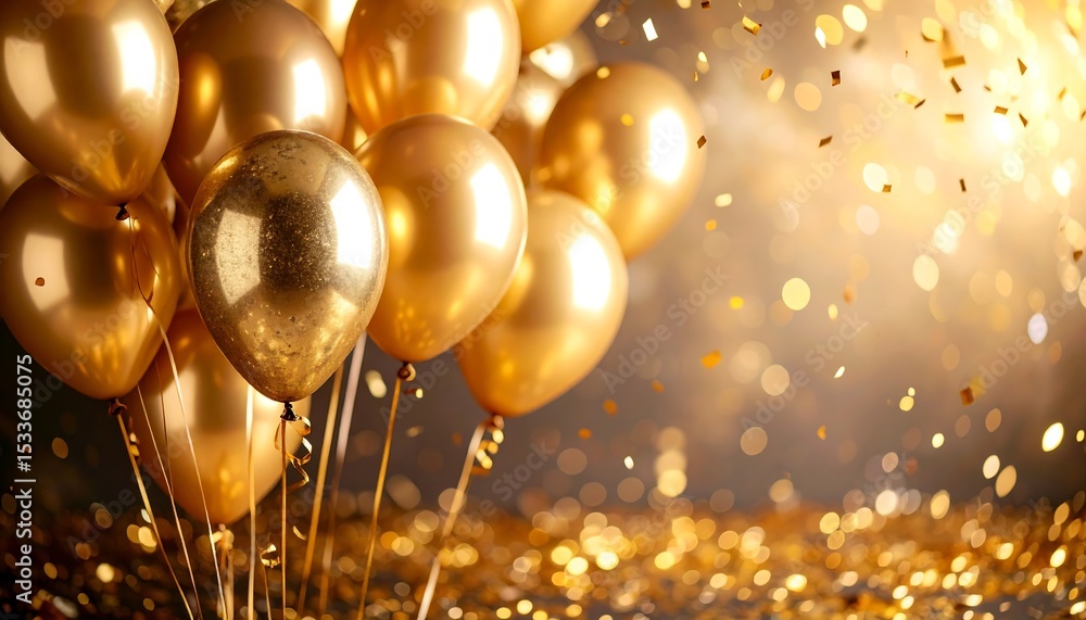 Obraz premium Golden balloons with confetti background.