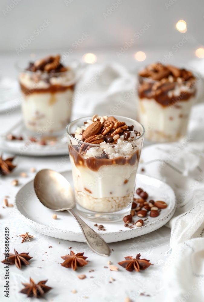 Elegant rice pudding served in small glass cups, topped with chocolate sauce, almonds, pecans, and pine nuts. Styled with star anise, festive sprinkles, and a vintage spoon on a white ceramic plate. Elegant rice pudding served in small glass cups, topped with chocolate sauce, almonds, pecans, and pine nuts. Styled with star anise, festive sprinkles, and a vintage spoon on a white ceramic plate.