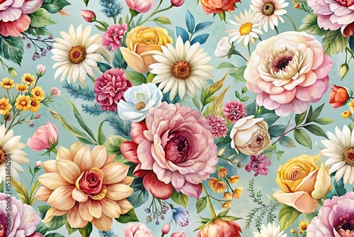 Colorful floral pattern with a blue background